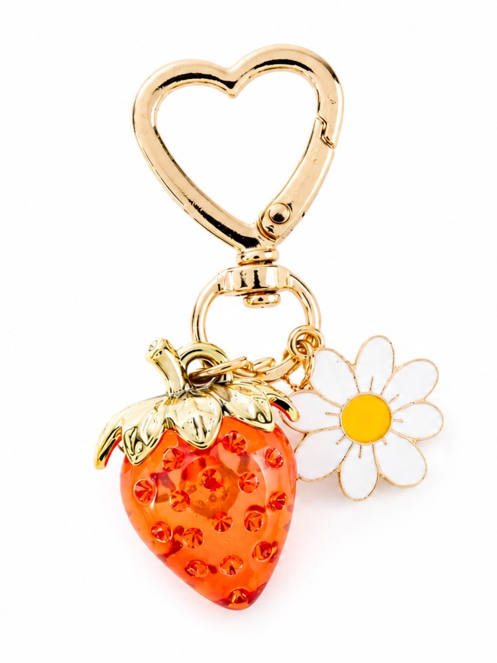 Gold Heart Keyring with Strawberry 🍓 and White Daisy Charms